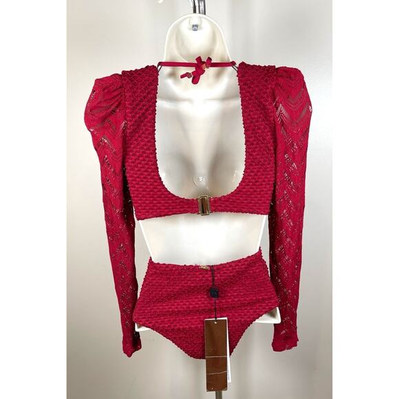 Patbo Bordeaux Textured Lycra Cutout Body Suit Long Sleeve Swim Suit Size XS - Picture 6 of 8